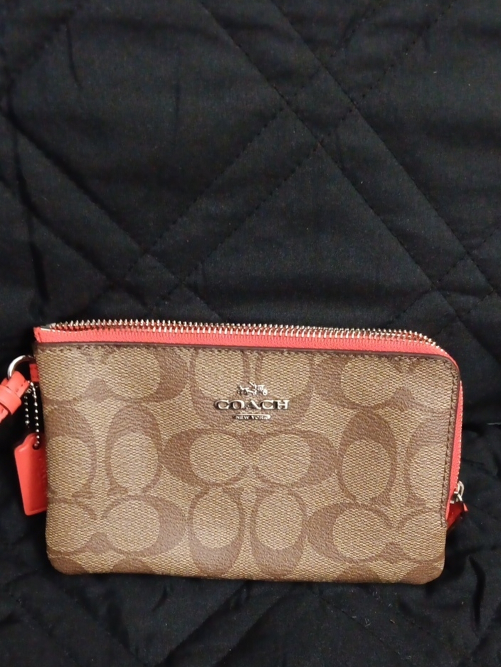 Coach Brown Signature Canvas Double Zip Wristlet with Coral Trim